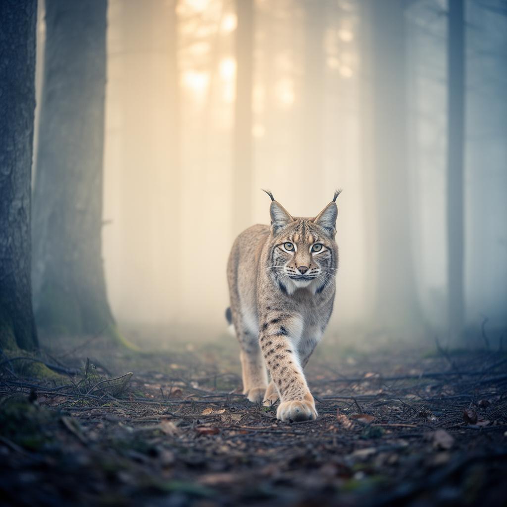 Lynx walking through misty forest